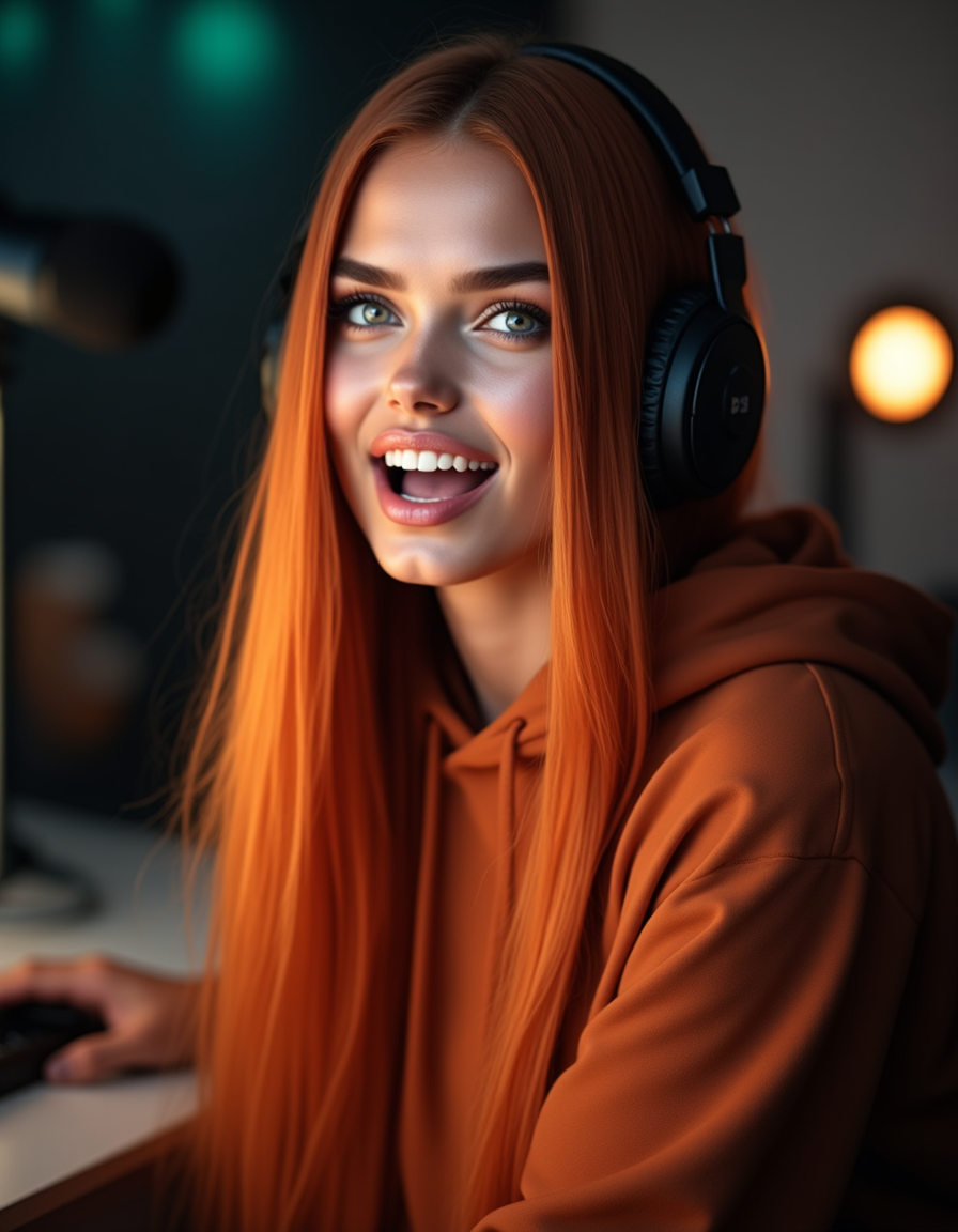 Vega — porträtt, eldröd-orange hår och gröna ögon